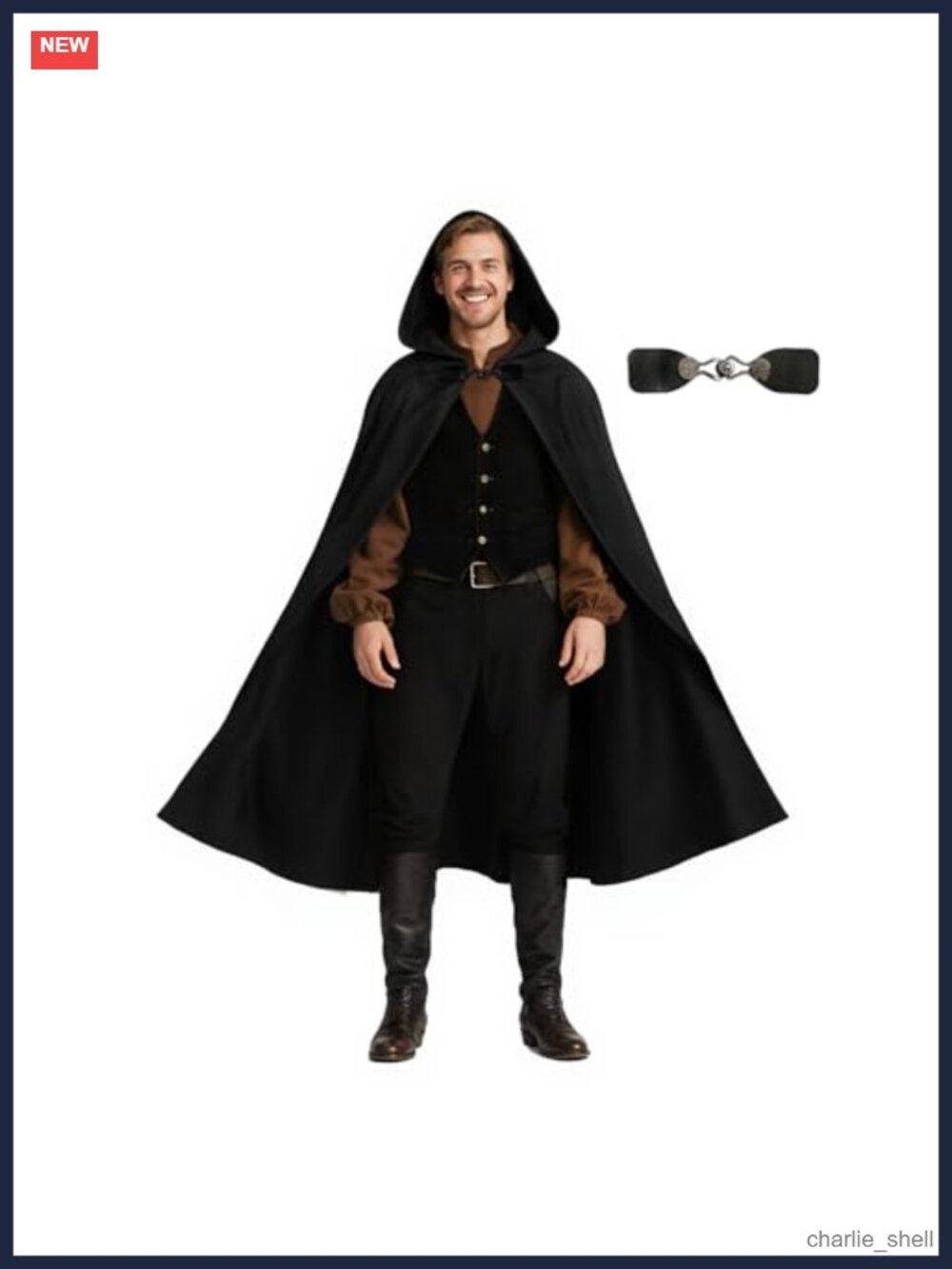 Medieval Hooded Cloak Polyester Leather Buckle Renaissance Costume